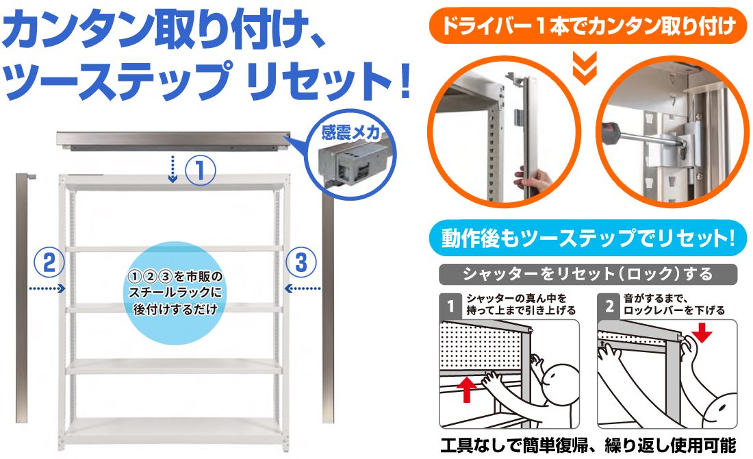 カンタン取り付け、ツーステップリセット！